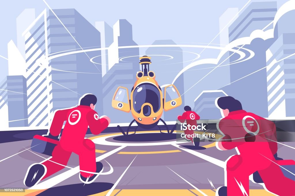 Yellow rescue helicopter and team flat poster Yellow rescue helicopter and team flat poster. Copter on roof of building and men in red uniforn running to it vector illustration. Air emergency concept. Cityscape on background Ambulance stock vector