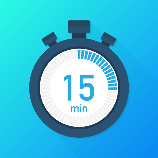 The 15 minutes, stopwatch vector icon. Stopwatch icon in flat style, timer on on color background.  Vector illustration. The 15 minutes, stopwatch vector icon. Stopwatch icon in flat style, timer on on color background.  Vector stock illustration. timer stock illustrations