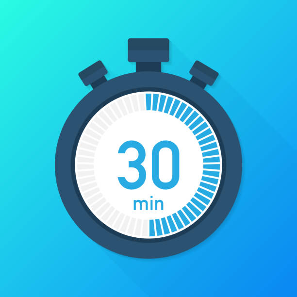 The 30 minutes, stopwatch vector icon. Stopwatch icon in flat style, timer on on color background.  Vector illustration. The 30 minutes, stopwatch vector icon. Stopwatch icon in flat style, timer on on color background.  Vector stock illustration. minute hand stock illustrations
