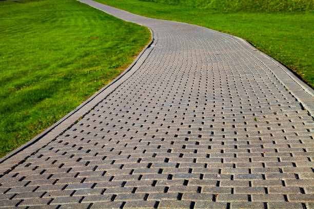 istock Stone path in the park and green lawn. 1072528670