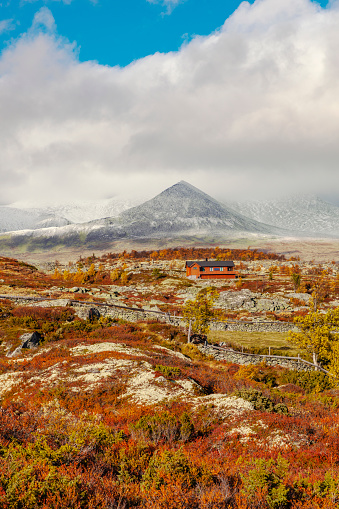 Cottages in Rondane National Park  with view to Smiubelgen. The first snow in fall. View from Kampesetrene.