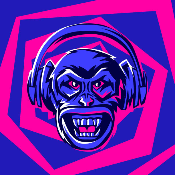 ilustrações, clipart, desenhos animados e ícones de cabeça de macaco zangado em fones de ouvido. - muscular build audio