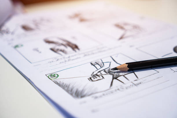 istock Pencil on Storyboard moive layout for pre-production, storytelling drawing creative for process production media films. Script video editors and writing graphic in form displayed in maker shooting 1072547332