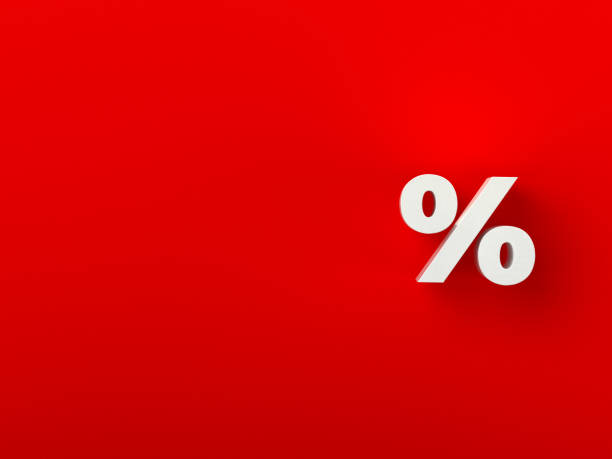 istock 3d white percentage sign on red background with shadow. 3D rendering 1072551404