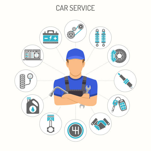 auto-service-konzept - technician computer repairing wrench stock-grafiken, -clipart, -cartoons und -symbole