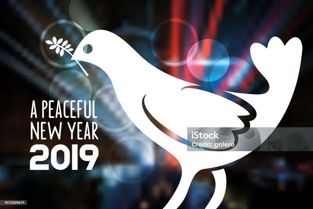 new year 2018 peace symbol on blurred colorful background new year 2018 vintage peace symbol on blurred colorful background 2019 stock vector