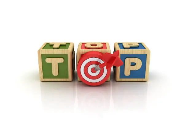 Photo of TOP Buzzword Cubes with Target and Dart - 3D Rendering