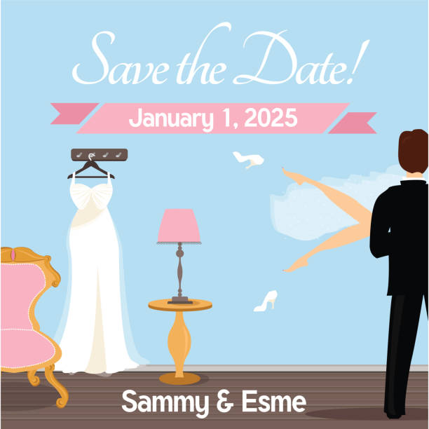 Save the Date - Wedding Night Theme Wedding night in a hotel room theme for a save the date announcement wedding dress back stock illustrations