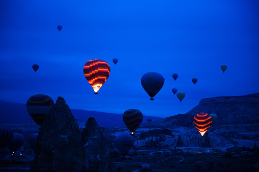 Balloons take off in the morning in Cappadocia