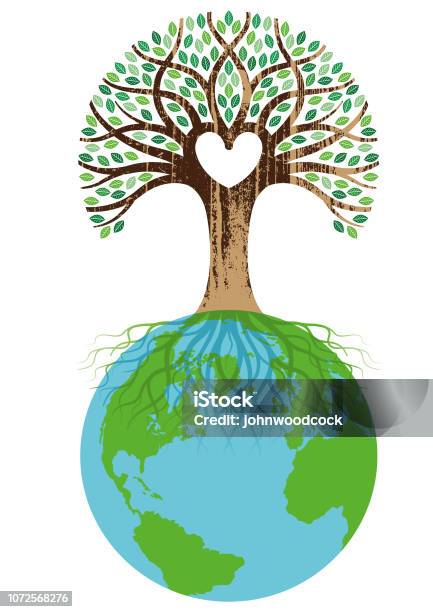 Heart Tree And Globe Illustration Stock Illustration - Download Image Now - Globe - Navigational Equipment, Tree, World Map