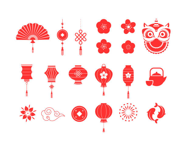 chińska kolekcja czerwonych symboli i ikon noworocznych - red lantern stock illustrations