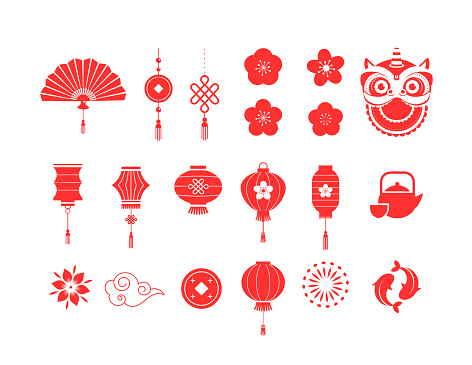 Chinese New Year red symbols, icons collection
