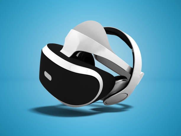istock White virtual reality glasses with white portable headphones 3d render on blue background with shadow 1072579742