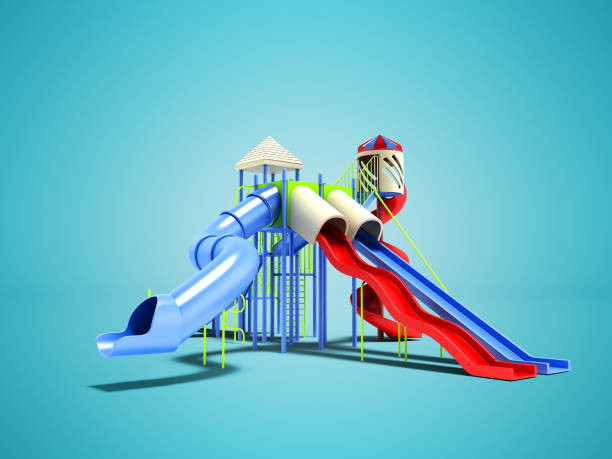 istock Playground for children with closed slides and double slides 3d render on blue background with shadow 1072580012