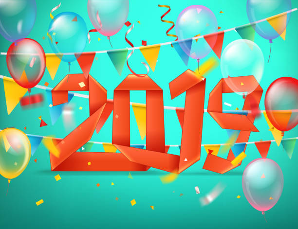 istock Happy New 2019 year greeting card. Color ballons and flags and confetti 1072582446