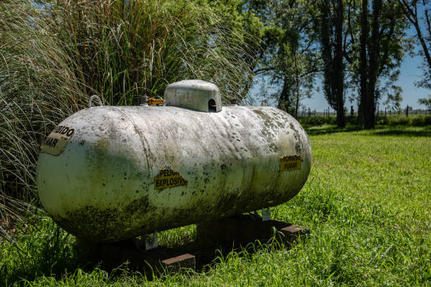 vecchio e ammuffito serbatoio di gas propano industriale bianco arrugginito - lpg tank foto e immagini stock