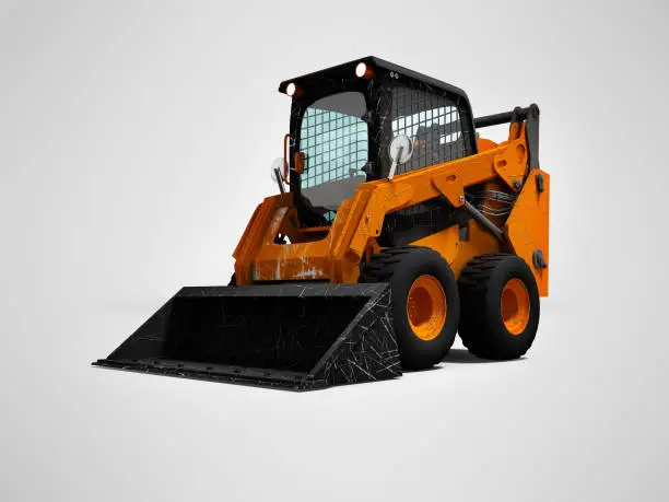 Old orange wheel loader on wheels with bucket 3d render on gray background with shadow
