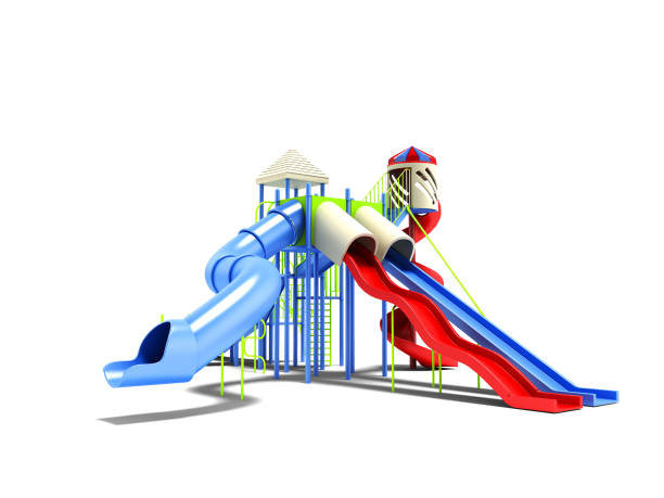 istock Playground for children with closed slides and double slides 3d render on white background with shadow 1072590866
