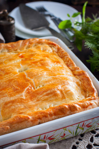 istock Chicken, potato and onion puff pastry cake, selective focus 1072595514