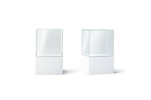 Blank white glass showcase mockup set, front and side view Blank white glass showcase mockup set, front and side view, 3d rendering. Empty museum or shop vitrine mock up, isolated. Expo transparent shelf template. Plexiglas stand for presentation. acrylic glass stock pictures, royalty-free photos & images