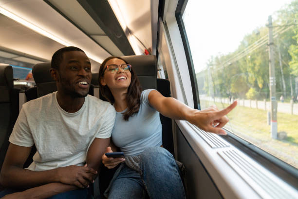 istock Young couple looking very happy traveling by train 1072601578