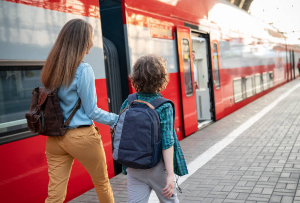 istock Happy mother and son traveling by train 1072601738