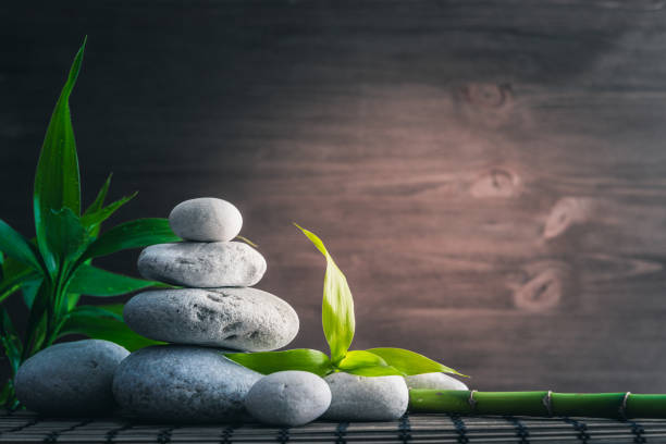 pedras brancas de equilíbrio zen e planta de bambu em cima da mesa de madeira - lastone therapy massaging spa treatment stone - fotografias e filmes do acervo