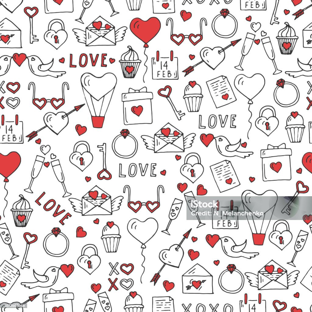 Vector Valentines Day seamless pattern with hand drawn love symbols.  Line art icons. Sketch.  Pattern can be used for wallpaper, web page background, surface textures. Arrow Symbol stock vector