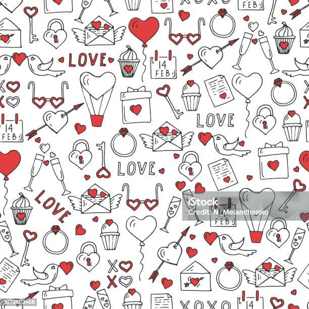 Vector Valentines Day Seamless Pattern With Hand Drawn Love Symbols Line Art Icons Sketch Pattern Can Be Used For Wallpaper Web Page Background Surface Textures Stock Illustration - Download Image Now