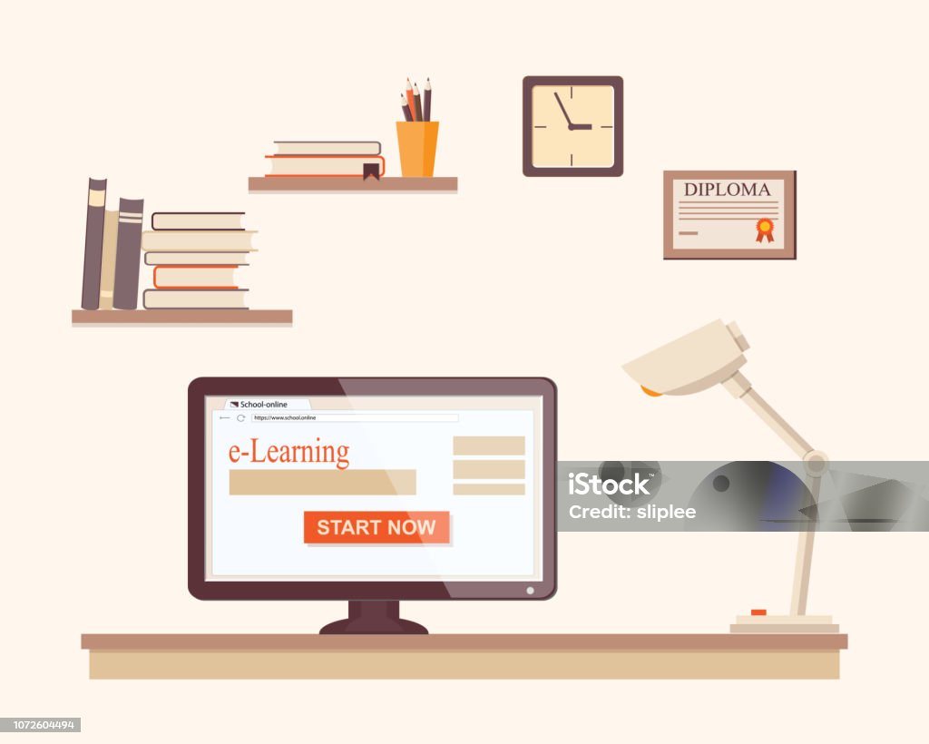 Elearning Desk Elearning With Computer Screen On The Desk Stock Illustration ...