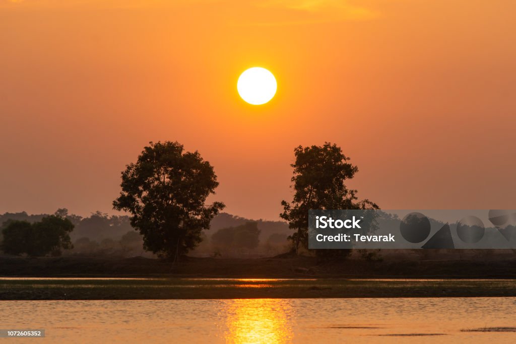 Beautiful sunset over lake and two tree silhouette background Above Stock Photo