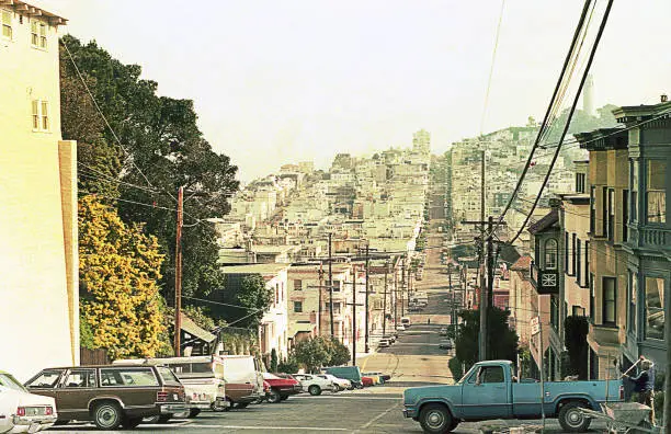Vintage photo of urban scene of San Francisco in the seventies/eighties of the 20th century.