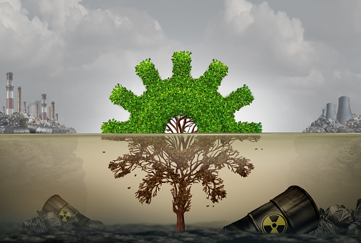 Pollution and business or industrial development risk concept as a machine part shaped tree cog  damaged by contaminated water with 3D illustration elements.