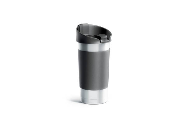 Blank silver travel mug with black sleeve and lid mockup
