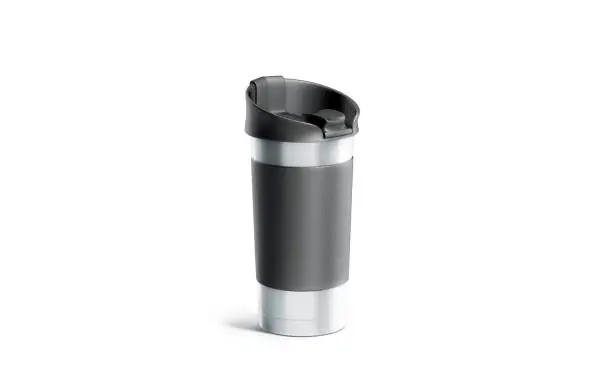 Blank silver travel mug with black sleeve and lid mockup, isolated, 3d rendering. Empty aluminum thermos mock up, side view. Thermic bottle with boiling water or coffee for hike or picnic template.