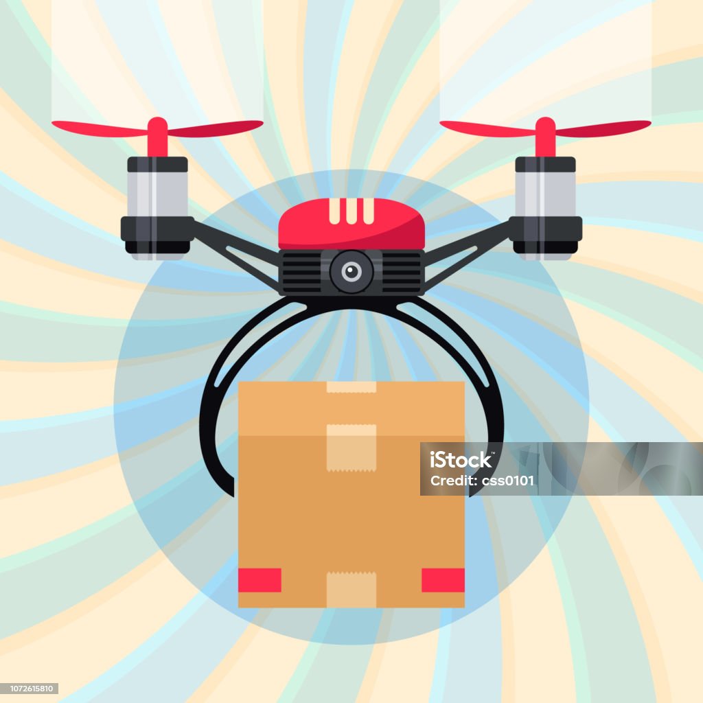 Drone with paper package box, delivery order Drone with paper package box. Drone delivery present. Modern delivery of gifts for Christmas or New Year. Concept of Fast Express Delivery for Event Drone stock vector