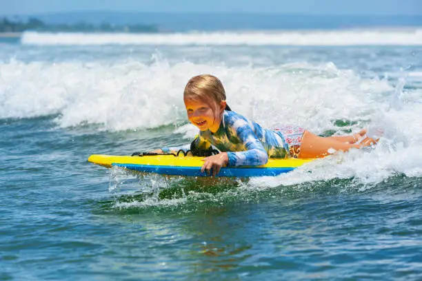 Photo of Little child swimming with bodyboard on the sea waves