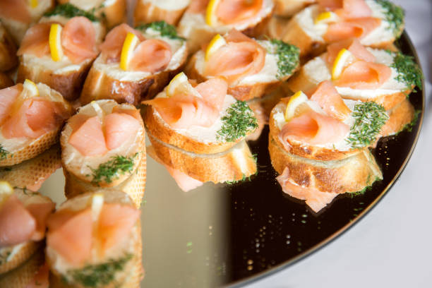 istock Close up of small canapes arranged on a plate over light background - selective focus 1072630626