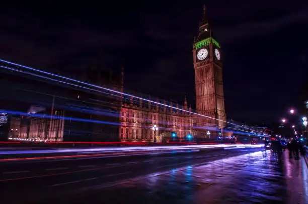 Light trails with the Houses of Parliament in the background. London, UK