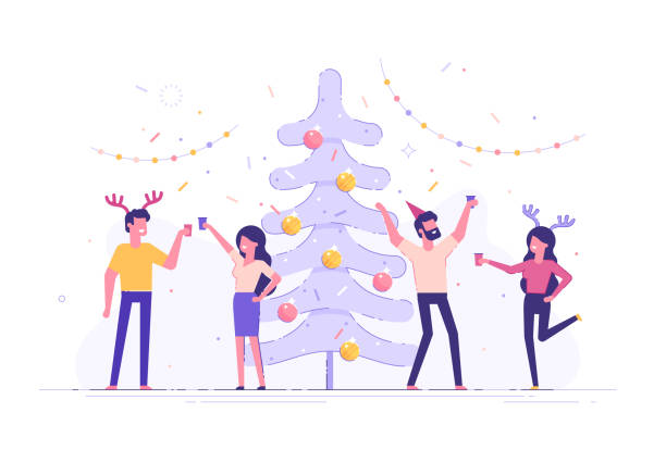 Happy business people at a Christmas and New Year's corporate party. Positive men and women with champagne dancing and having fun. Set of modern vector characters. Happy business people at a Christmas and New Year's corporate party. Positive men and women with champagne dancing and having fun. Set of modern vector characters. office christmas party stock illustrations