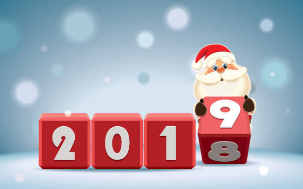 istock Santa Claus changing date from 2018 to 2019 rotating cubes with numbers isolated on a blue sparkle background 1072641172