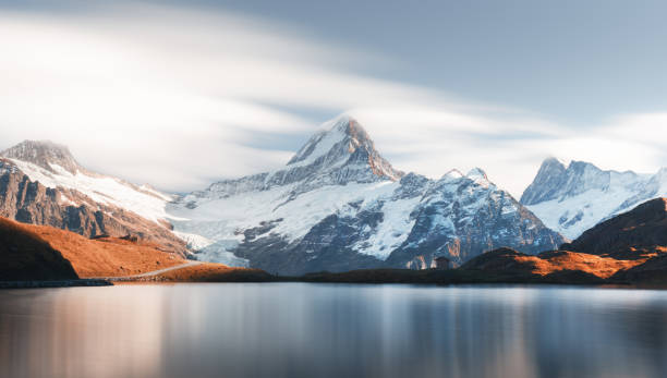 스위스 알프스 산에서 bachalpsee 호수에 그림 보기 - wetterhorn 뉴스 사진 이미지