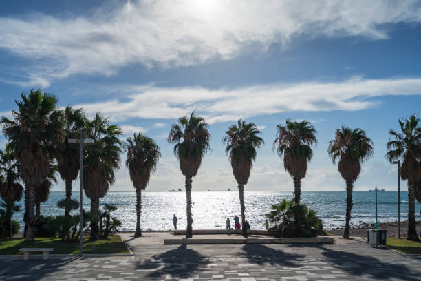 Civitavecchia, Italy - November 4, 2018: Sunshine and clear autumn weather over a promenade with palms next to the sea coast