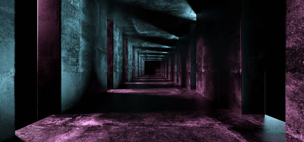 istock Long Sci Fi Empty Minimalistic Dark Purple Blue Lighted Grunge Concrete Black End Corridor Tunnel With Empty Space For Text And Big Concrete Columns 3D Rendering 1072656946