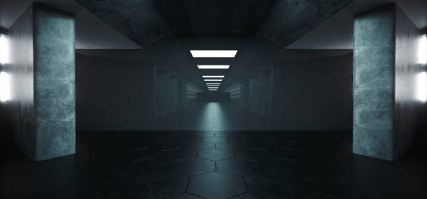 istock Modern Futuristic Sci Fi Empty Dark Long Corridor Tunnel With Dark Reflective Concrete With Blue Led Lights Space For Text Alienship Background 3D Rendering 1072657008