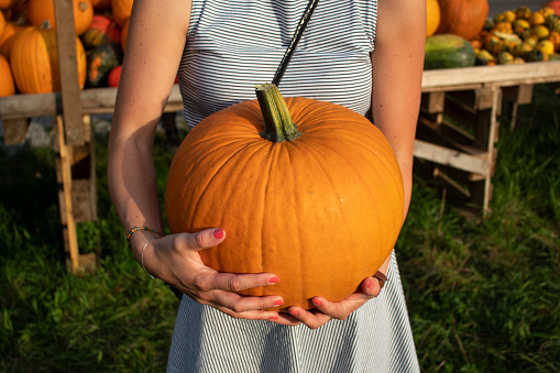woman in sundress holding huge pumpkin