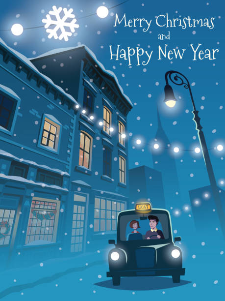 City street  on Christmas eve City street  on Christmas eve car street blue night stock illustrations