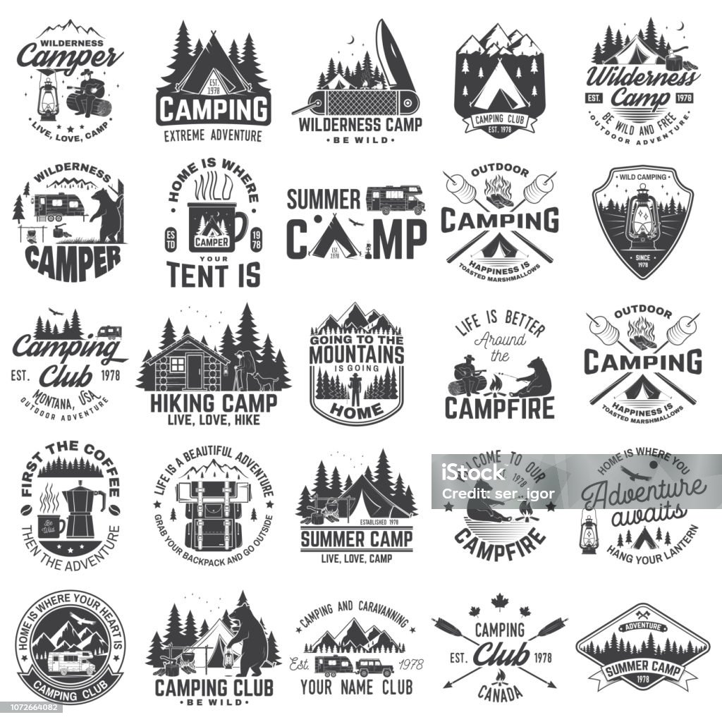 Summer camp. Vector. Concept for shirt or patch, print, stamp. Vintage typography design with rv trailer, camping tent, campfire, bear, coffee maker, pocket knife and forest silhouette. Summer camp. Vector. Concept for shirt or patch, print, stamp or tee. Vintage typography design with rv trailer, camping tent, campfire, bear, coffee maker, pocket knife and forest silhouette. Camping stock vector