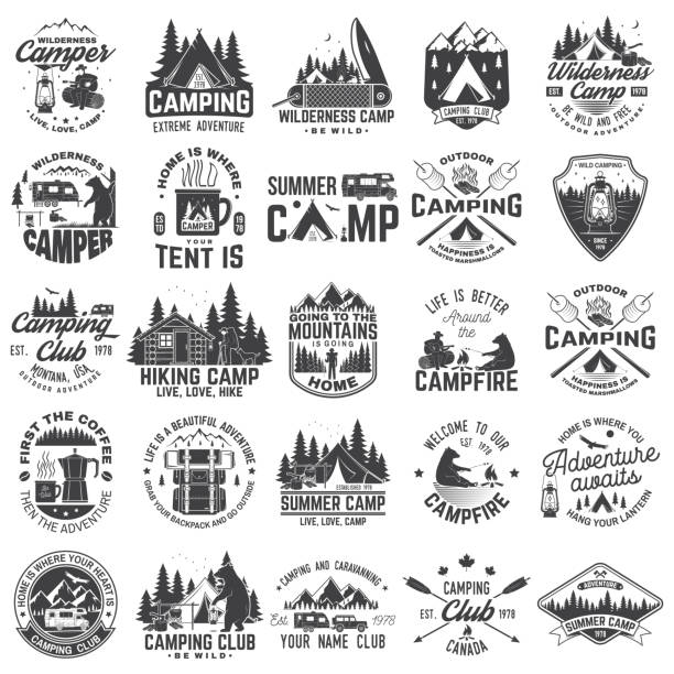 Summer camp. Vector. Concept for shirt or patch, print, stamp. Vintage typography design with rv trailer, camping tent, campfire, bear, coffee maker, pocket knife and forest silhouette. Summer camp. Vector. Concept for shirt or patch, print, stamp or tee. Vintage typography design with rv trailer, camping tent, campfire, bear, coffee maker, pocket knife and forest silhouette. adventure stock illustrations