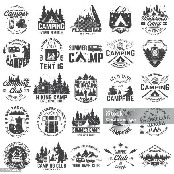 Summer Camp Vector Concept For Shirt Or Patch Print Stamp Vintage Typography Design With Rv Trailer Camping Tent Campfire Bear Coffee Maker Pocket Knife And Forest Silhouette Stock Illustration - Download Image Now